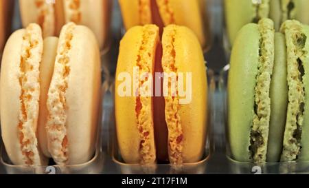 macaroons in a display case, close-up Stock Photo