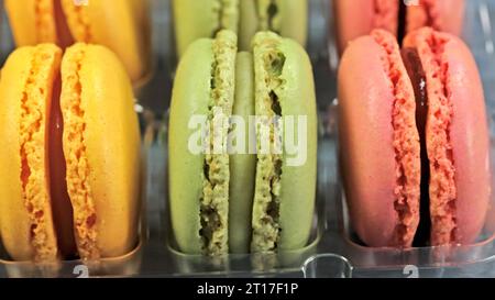 macaroons in a display case, close-up Stock Photo
