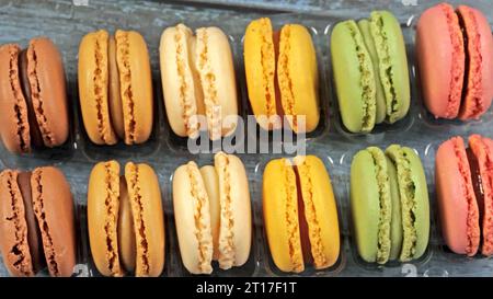 macaroons in a display case, close-up Stock Photo
