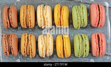 macaroons in a display case, close-up Stock Photo