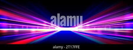 Abstract red and blue speed line night effect vector background. Dynamic road color trail. Internet data long streak graphic pattern. Highway exposure quick move bright tail cyber banner concept Stock Vector