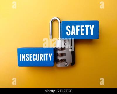 Colored wooden block and padlock with the word INSECURITY SAFETY. Stock Photo