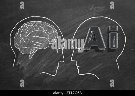 Human intelligence vs artificial intelligence. Face to face. Duel of views. Hand drawn illustration on a school blackboard. Stock Photo