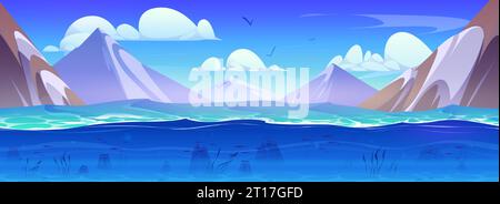 Mountain lake with underwater view. Vector cartoon illustration of blue water, bottom with weeds, stones and fish swimming, waves on surface, rocky landscape, birds flying in sunny sky, snowy peaks Stock Vector
