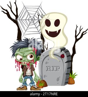 A vector cartoon illustration of a zombie standing in front of a tombstone and ghost, in a Halloween-themed setting Stock Vector