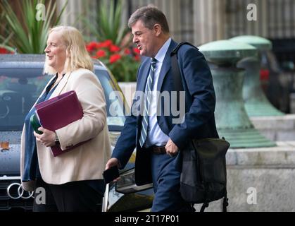 RTE director of legal affairs and group secretary Paula Mullooly and RTE director general Kevin Bakhurst arriving at Leinster House in Dublin to appear before the Public Accounts committee. Picture date: Thursday October 12, 2023. Stock Photo