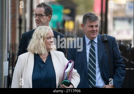 (left to right) RTE director of legal affairs and group secretary Paula Mullooly, acting deputy-general Adrian Lynch and RTE director general Kevin Bakhurst arriving at Leinster House in Dublin to appear before the Public Accounts committee. Picture date: Thursday October 12, 2023. Stock Photo