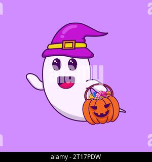 vector illustration of a friendly ghost wearing a witch hat and carrying a pumpkin basket full of candies. Perfect for Halloween theme designs Stock Vector