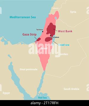 Palestine war (Israel, Palestine and Gaza Strip) and surrounding countries map illustration Stock Vector