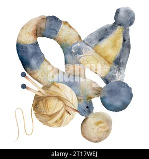 Hand drawn watercolor illustration. Woolen blue indigo beige knitted scarf and hat with pompoms, ball of yarn with needles. Composition isolated on Stock Photo