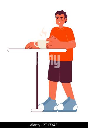 Happy hispanic man in cafeteria semi flat color vector character Stock Vector