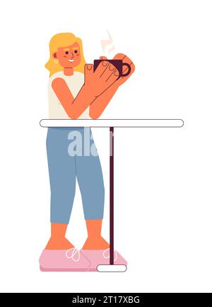 Caucasian woman drinking coffee semi flat color vector character Stock Vector