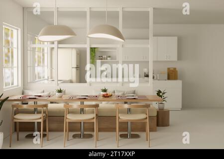 Interior design of a modern, minimalist white dining room with kitchen in the back, a dining table, a sofa, wooden armchairs, stylish lights, white wa Stock Photo