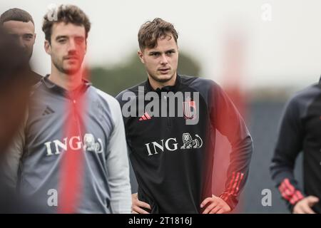 Tubize, Belgium. 12th Oct, 2023. Belgium's Zinho Vanheusden pictured during a training session of the Belgian national soccer team Red Devils, at the Royal Belgian Football Association's training center, in Tubize, Thursday 12 October 2023. The Red Devils are playing against Austria on Friday, match 6/8 in Group F of the Euro 2024 qualifications. BELGA PHOTO BRUNO FAHY Credit: Belga News Agency/Alamy Live News Stock Photo