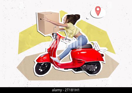 Artwork collage picture of excited girl drive scooter arms hold carton box delivery geolocation mark isolated on white background Stock Photo