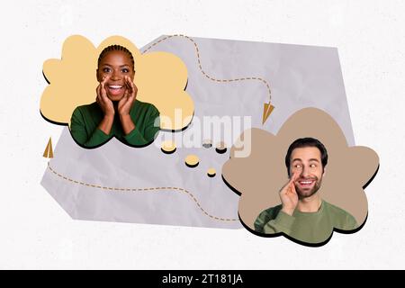 Creative composite illustration photo collage of funky tricky excited people talk rumors in online app isolated drawing background Stock Photo