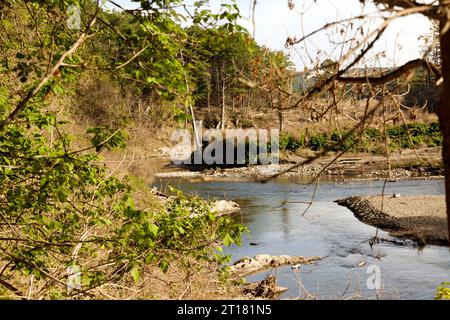 View of the The Ottauquechee River,  from a trail beside the end of the  Quechee Gorge, Quechee State Park, Vermont Stock Photo