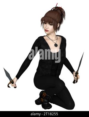 Female Asian Assassin with Swords, Kneeling Stock Photo