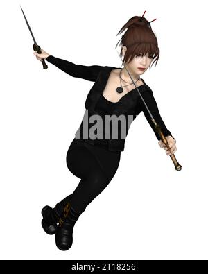 Female Asian Assassin with Swords, Running Stock Photo