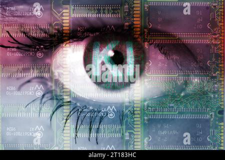 FOTOMONTAGE, Auge einer Frau mit Binärcode und dem Schriftzug KI, Symbolfoto künstliche Intelligenz Stock Photo