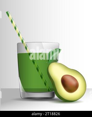 Green smoothie in a jar with avocado. Realistic healthy cocktail. Organic food with avocado in half. Beautiful vector illustration 3D. Design for Stock Vector