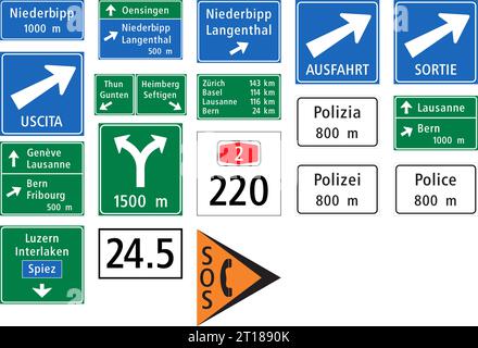 Routing indication signs on motorways and expressways, Road signs in Switzerland and Liechtenstein Stock Vector