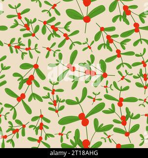 Vector seamless pattern for Christmas with mistletoe with Red berries. Flat cartoon endless illustration, Background, Floral Template for Wrapping pap Stock Vector