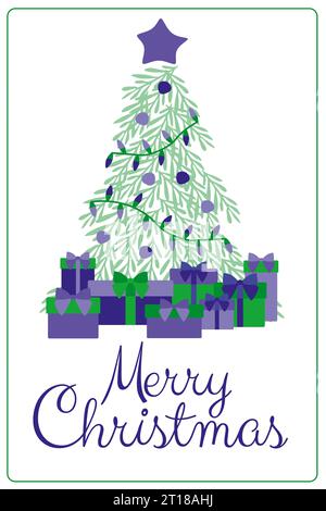 Christmas tree with gifts Winter Celebration Postcard for season's greetings Holidays and New year. Decorated fir tree with Lettering Merry Christmas. Stock Vector