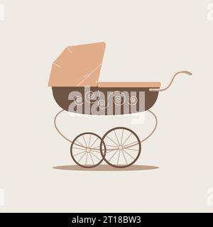 Cute luxury unisex baby stroller in beige and brown colors on light background. Transport to care for infant and walks.Vector flat illustration Stock Vector
