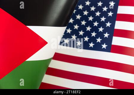 Background of the flags of the Palestine, USA. The concept of interaction or counteraction between the two countries. International relations. politic Stock Photo