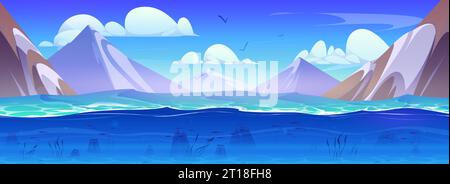 Mountain lake with underwater view. Vector cartoon illustration of blue water, bottom with weeds, stones and fish swimming, waves on surface, rocky landscape, birds flying in sunny sky, snowy peaks Stock Vector