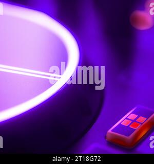 Deejay mixing desk turntables party nightclub disco lights square album cover design. Stock Photo