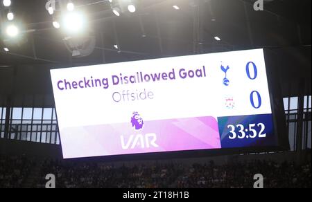 Video Assistant Referee VAR checking disallowed goal for offside for Luis Diaz of Liverpool . - Tottenham Hotspur v Liverpool, Premier League, Tottenham Hotspur Stadium, London, UK - 30th September 2023. Editorial Use Only - DataCo restrictions apply Stock Photo