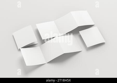 Square pages accordion or zigzag trifold brochure mockup on white background. Three panels, six pages leaflet Stock Photo