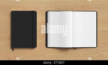 Black cover notebook and opened notebook mockup on wooden background Stock Photo