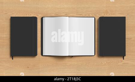 Black cover notebook and opened notebook mockup on wooden background Stock Photo