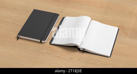Black cover notebook and opened notebook mockup on wooden background Stock Photo