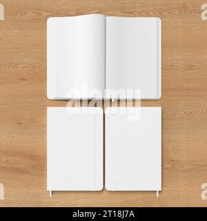 White cover notebook and opened notebook mockup on wooden background Stock Photo