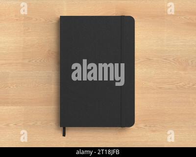 Black cover notebook mockup on wooden background Stock Photo
