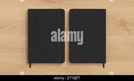 Black cover notebook mockup on wooden background. Front and back view of the notebook cover Stock Photo