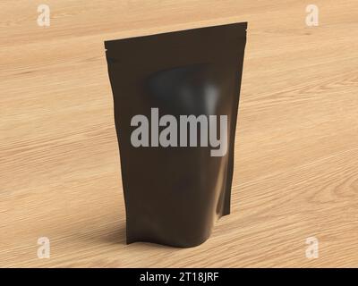 Black packaging pouch mockup for tea, coffee, snack on wooden background. Branding mockup Stock Photo