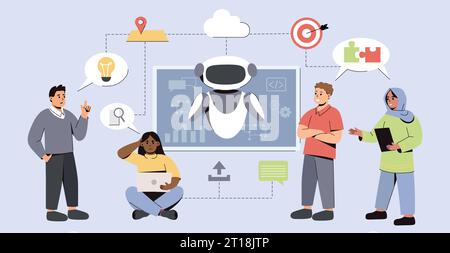 Flat people use ai smart analysis technology vector illustration. Flat development team use artificial intelligence in work. Process with futuristic robotic tech, data research. Stock Vector