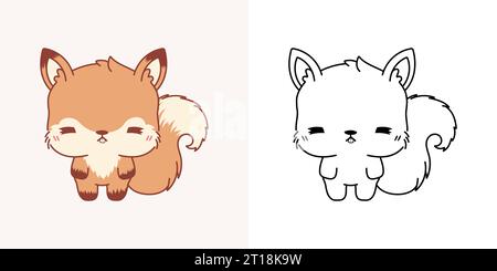 Kawaii Squirrel Clipart Multicolored and Black and White. Cute Kawaii Squirrel. Stock Vector
