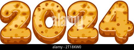 2024 text in gingerbread cookies style. New Year, sweet, dessert. Winter holiday theme. Stock Vector
