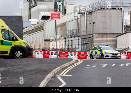 ambulance nose and police car parked side by side outside A&E entrance at Royal Devon and Exeter hospital Stock Photo