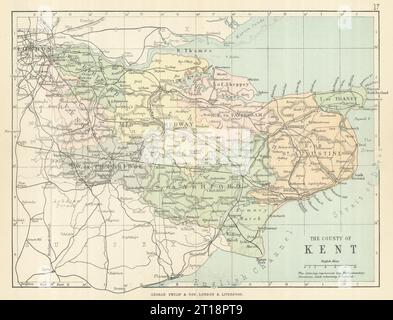 KENT. Antique county map. Railways roads. Constituencies. PHILIP 1889 old Stock Photo