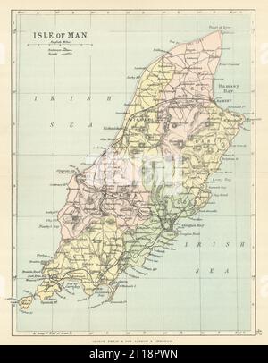 ISLE OF MAN. Antique map showing sheadings. Railways roads. PHILIP 1889 Stock Photo