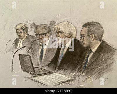 Court artist sketch by Elizabeth Cook of of former Formula One boss Bernie Ecclestone sitting with his team in the body of the court befire being sentenced at Southwark Crown Court in London, where he was spared jail after admitting fraudulently failing to declare more than £400 million held in a trust in Singapore to the Government. The court heard the 92-year-old former racing driver has agreed a civil settlement of £652,634,836 in respect of sums due to HMRC over the course of 18 years. Ecclestone was handed a 17-month jail term, suspended for two years. Picture date: Thursday October 12, 2 Stock Photo