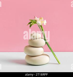 Wood stones podium and flower gladiolus. Concept scene stage showcase for new product, banner, promotion sale, cosmetic, presentation Stock Photo