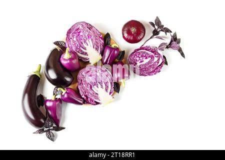 Composition of fresh vegetables eggplants, cabbage, pepper, onion and basil leaves of on white background. Creative food concept. Flat lay, top view. Stock Photo